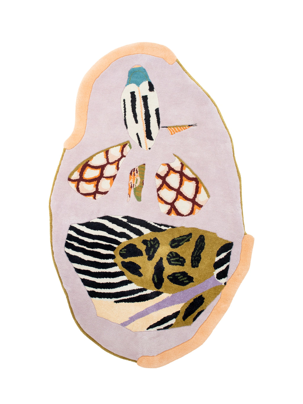 Haus Üger Insecta Rug, an irregular-shaped multi-color hand-tufted wool rug featuring a soft lavender base with a peach border and a collage of abstract patterns including black and white.