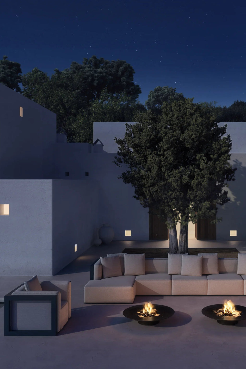 Gandia Blasco Islablanca Outdoor Lounge Chair, a modern minimalist outdoor armchair featuring a sleek dark grey metal frame and plush light beige outdoor fabric cushions with clean, contemporary lines.