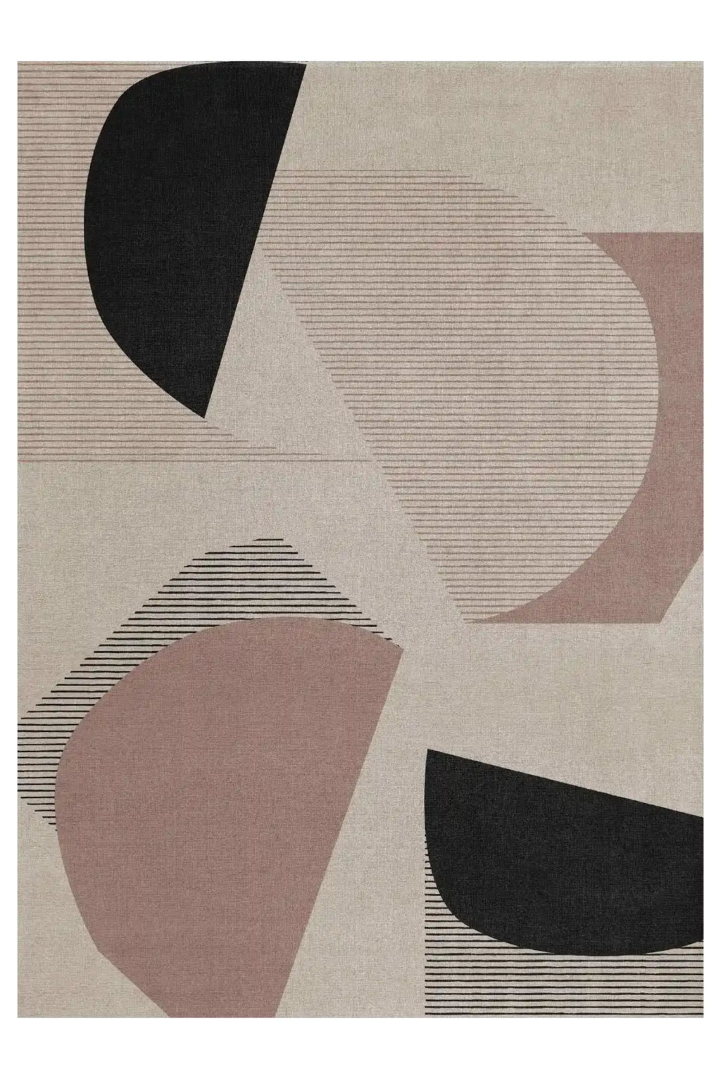Layered Birch Wool Rug, a modern abstract area rug featuring large black and muted pink geometric shapes, with fine horizontal black and light grey stripes on a beige wool background. Perfect for a...