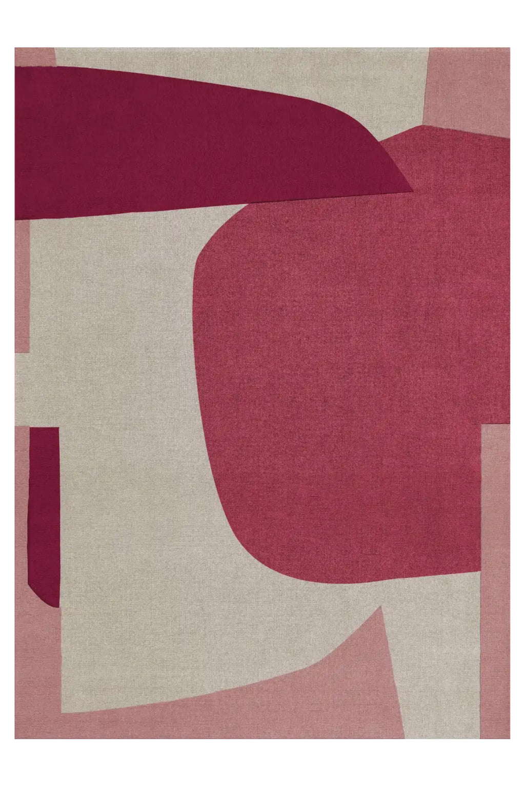 Layered Cloudberry Wool Rug, a premium modern area rug featuring abstract shapes in shades of deep berry, soft rose, and natural beige. Perfect for adding contemporary style and comfort to living r...