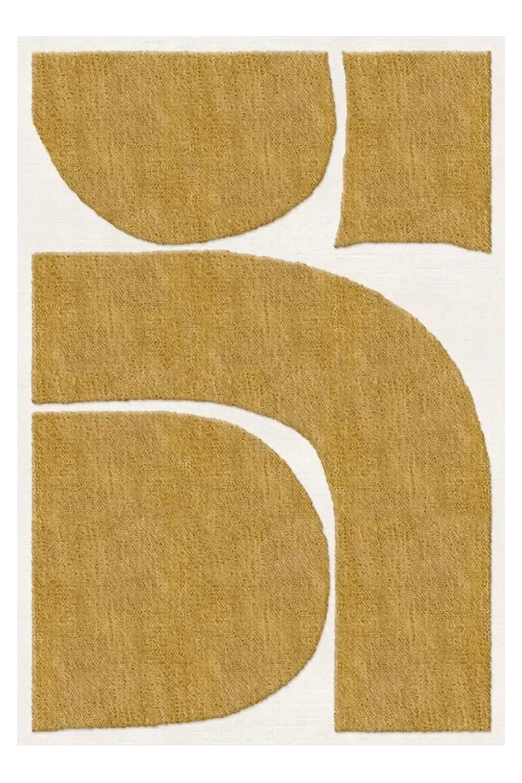 Layered Gotland Rauk Ullmatta Wool Rug, a luxurious mustard yellow wool rug with an abstract modern geometric design featuring curved and rectangular shapes on an off-white background. Perfect for...