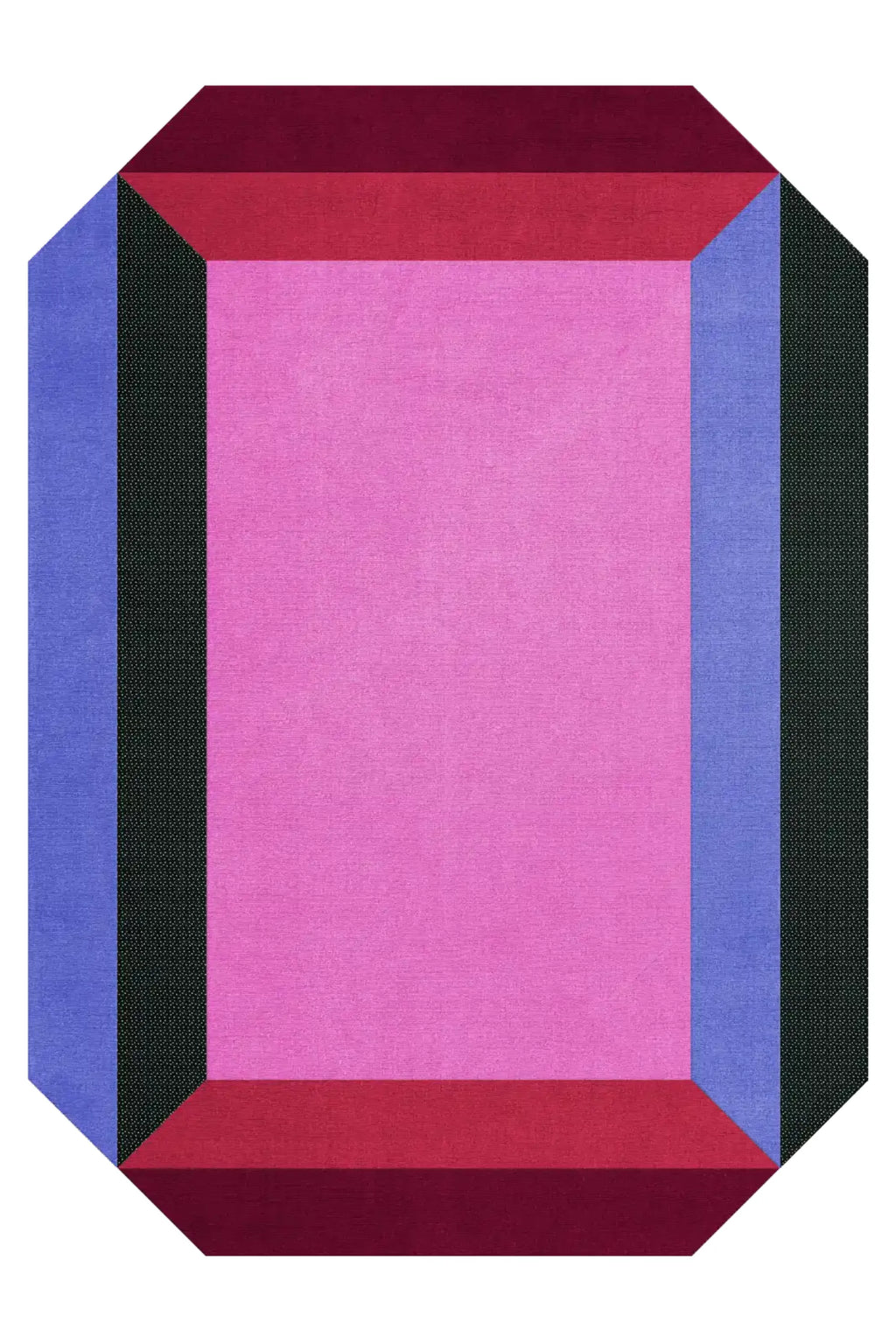 Layered Crystal Spectrum Wool Rug, a modern geometric area rug with a central pink rectangle, bordered by red, deep red, blue, and black panels, creating a faceted gemstone effect. Perfect for addi...