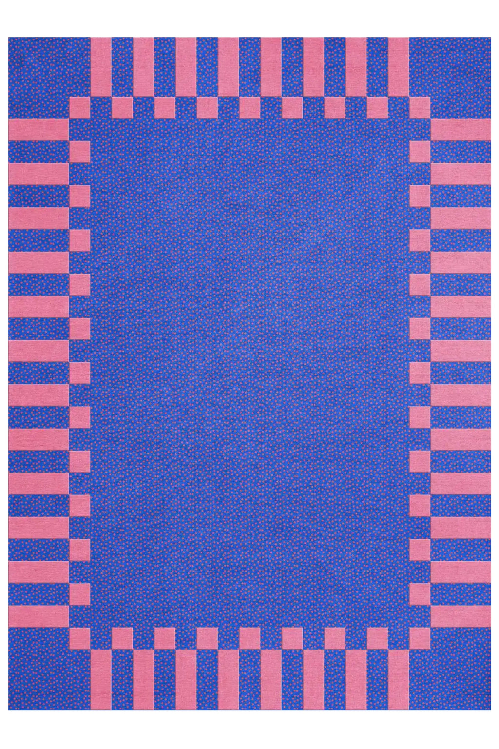 Layered Frame Wool Rug, a vibrant blue and pink wool area rug with a bold geometric pattern featuring a solid blue center speckled with pink, bordered by alternating pink rectangles and blue square...