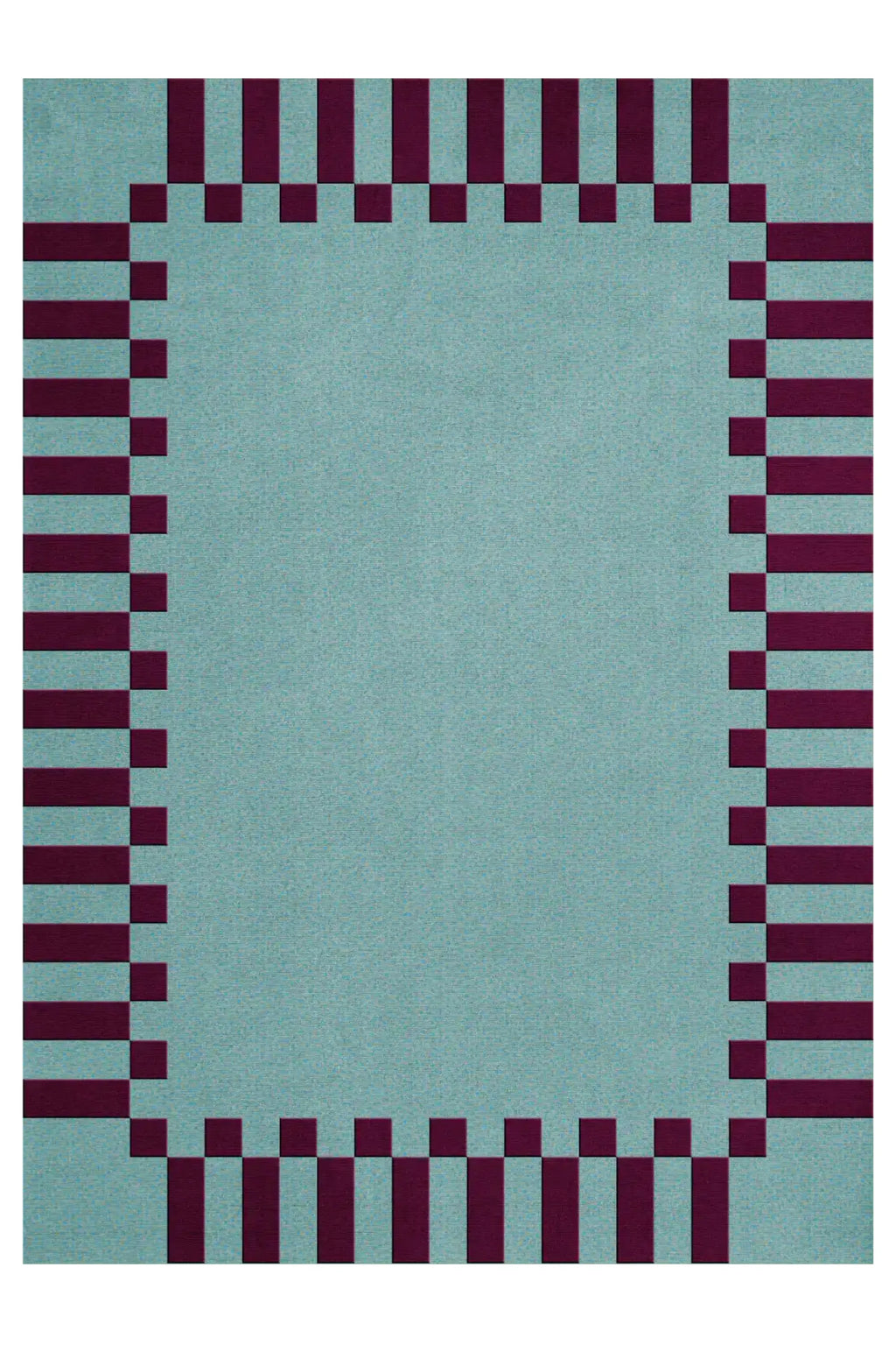 Layered Frame Wool Rug, a modern rectangular area rug in light teal-green with a bold geometric border pattern in deep burgundy. Perfect for adding a contemporary touch to living room or bedroom fl...