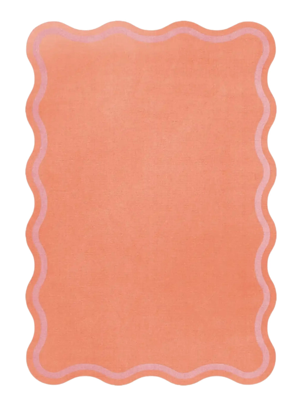 Layered Scallop Wool Rug, a rectangular area rug in a warm peach color with a light pink scalloped border design. Perfect for adding a soft, playful touch to any living space or bedroom.