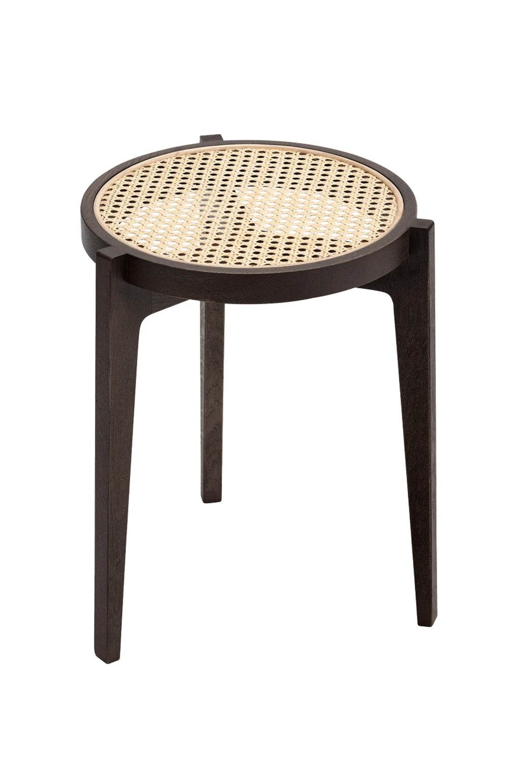 NORR11 Le Roi Side Table, a round premium dark wood table with tapered legs and a natural woven cane rattan tabletop insert. A luxurious accent for modern interiors.