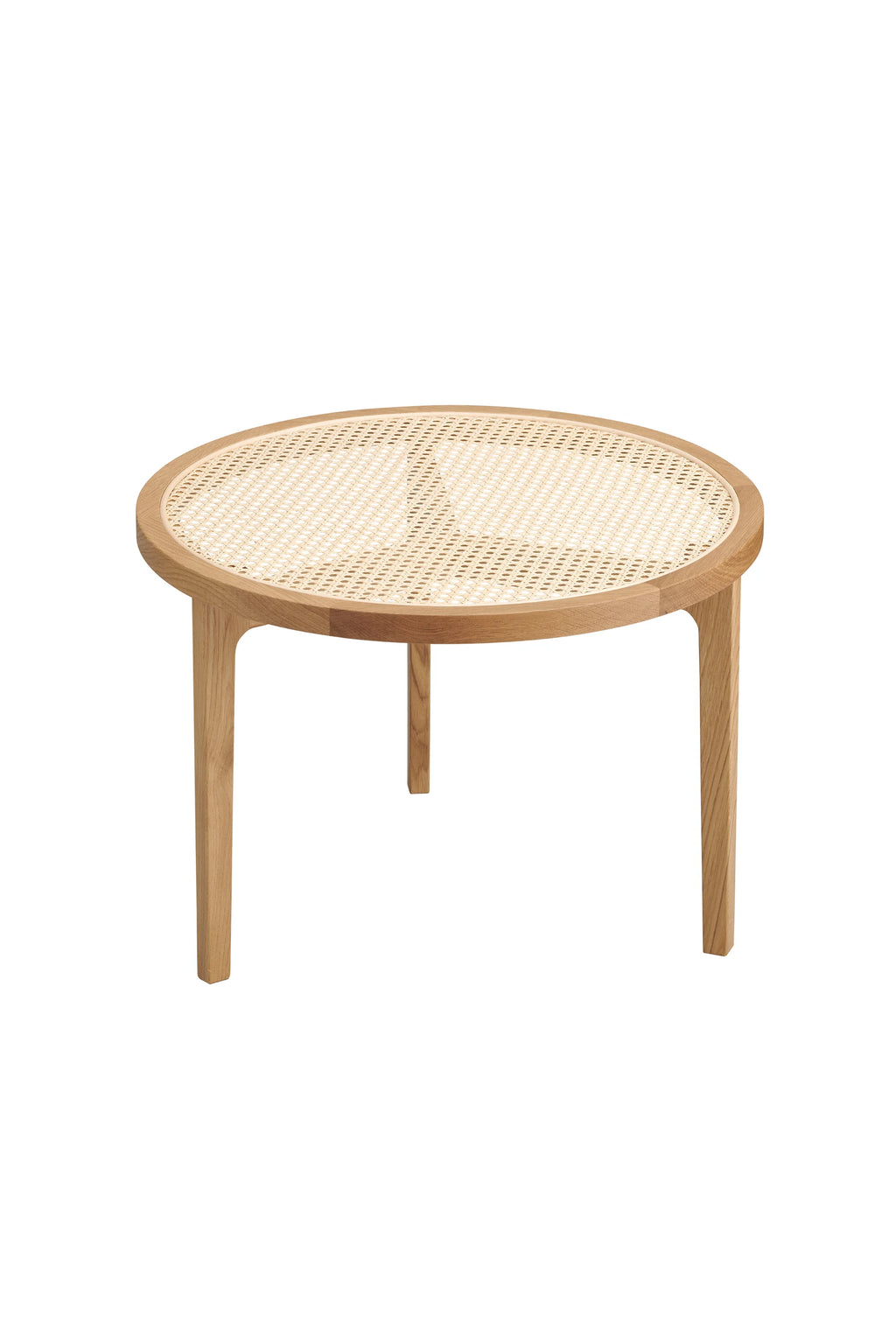 NORR11 Le Roi Coffee Table, a contemporary round design featuring a light natural oak wood frame and a beautifully woven light cane webbing top, presented on a white background.