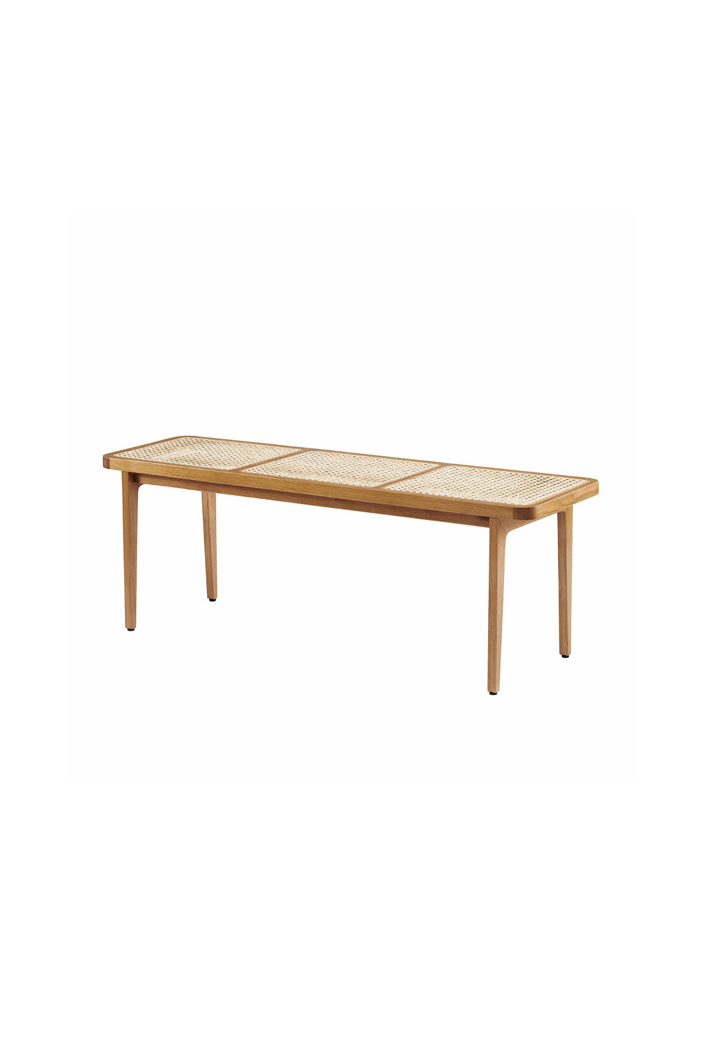 NORR11 Le Roi Bench, a premium natural oak wooden bench with a woven light natural cane seat in three sections, artfully displayed on a white background. Ideal for stylish entryway seating.