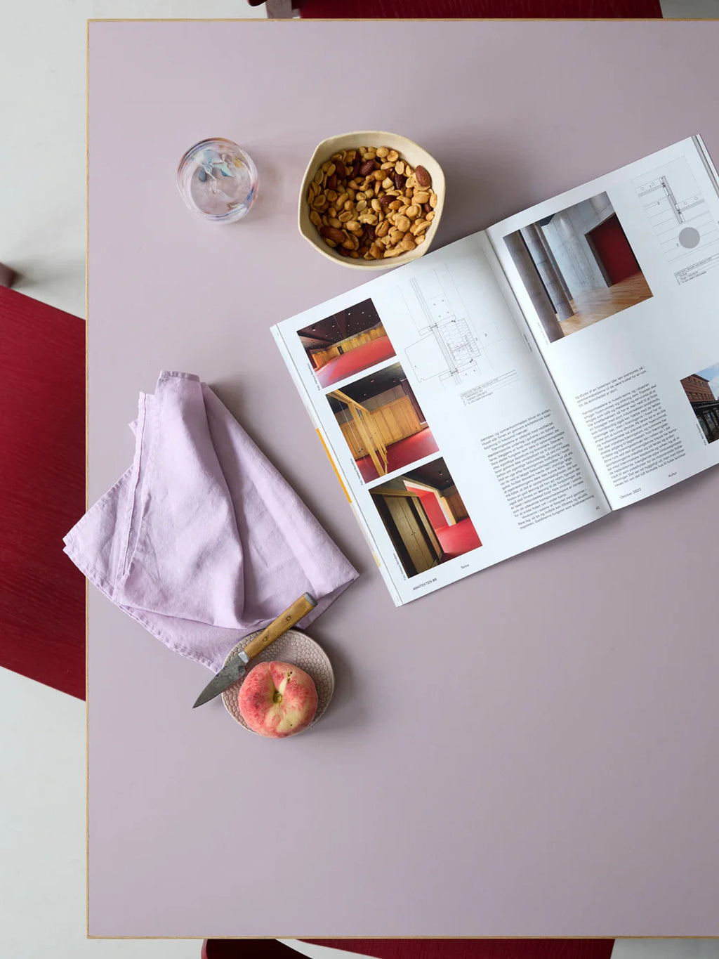 MOEBE Rectangular Dining Table, a modern minimalist dining table featuring a smooth, matte lilac tabletop with a visible natural plywood edge, offering a clean Scandinavian design aesthetic. This contemporary rectangular table is perfect for stylish dining rooms, modern kitchens, or creative home office spaces.