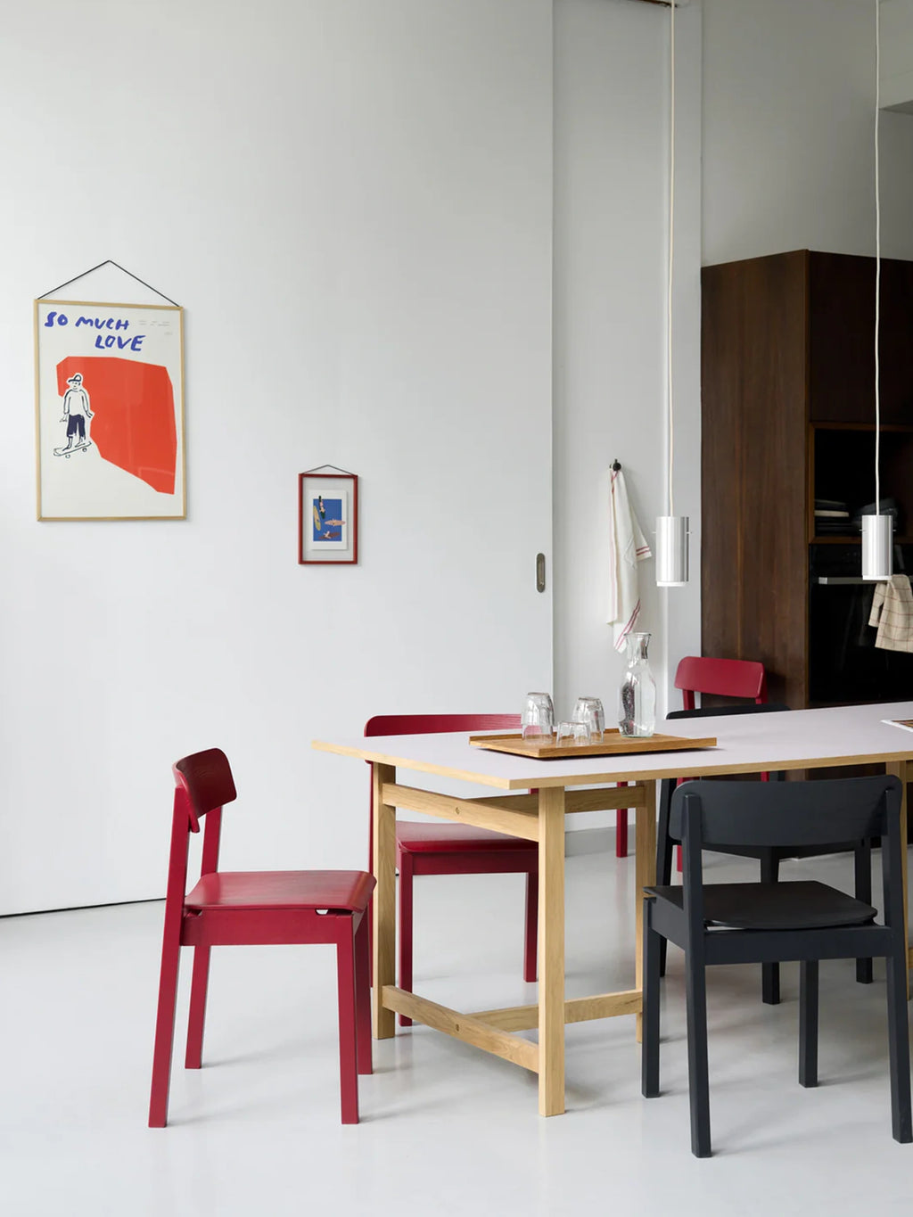 MOEBE Rectangular Dining Table, a modern minimalist dining table featuring a light natural solid wood frame with sturdy, straight legs and a clean white rectangular tabletop. This Scandinavian-inspired design provides a functional yet elegant centerpiece for contemporary dining rooms or open-plan kitchen spaces.