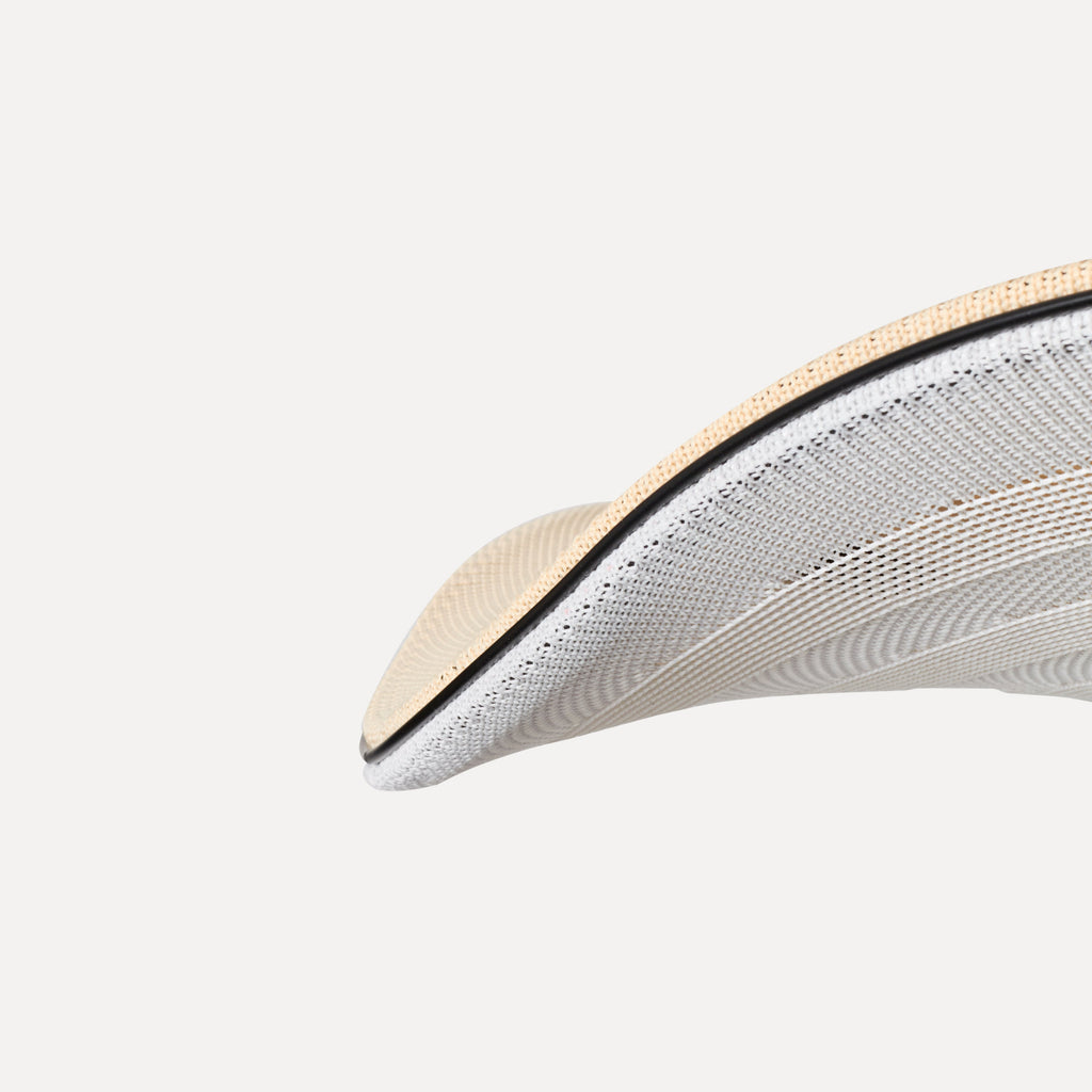 Made by Hand Flying Ø96 Pendant Lamp, a large modern minimalist pendant lamp featuring a layered, intricate woven textile shade in soft off-white and cream tones, creating an airy, translucent texture. The wide, organic disc shape is accented by a subtle black rim, highlighting its refined Scandinavian design. Perfect as a statement lighting fixture for contemporary living rooms, dining areas, or spacious entryways.