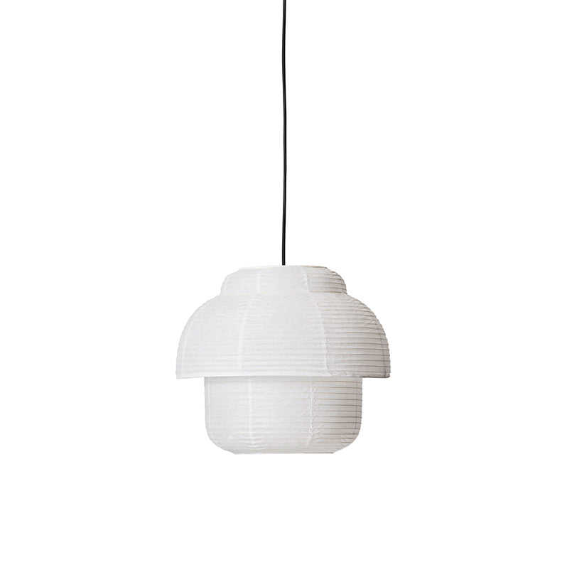 Made by Hand Papier Double Ø40 Pendant Lamp, a white layered paper pendant lamp with a distinctive ribbed texture, featuring a double-tiered, organic mushroom-like silhouette. This minimalist Scandinavian-inspired paper lantern provides soft, diffused lighting, ideal for Japandi living rooms, contemporary bedrooms, or elegant dining spaces.