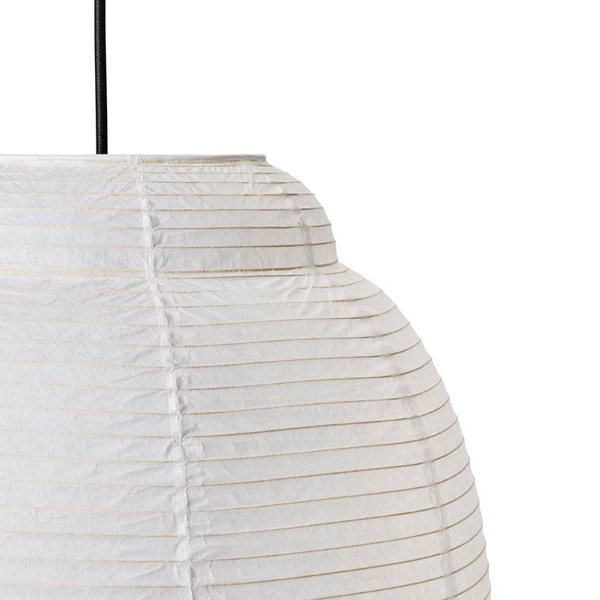 Made by Hand Papier Single Ø40 Pendant Lamp, an off-white crinkled papier pendant lamp with a soft, translucent texture and visible horizontal ribbed lines. This organic modern lantern-style ceiling light features a tiered, rounded silhouette, perfect for creating warm ambient lighting in minimalist living rooms, tranquil bedrooms, or inviting dining spaces with a Japandi or Scandinavian aesthetic.