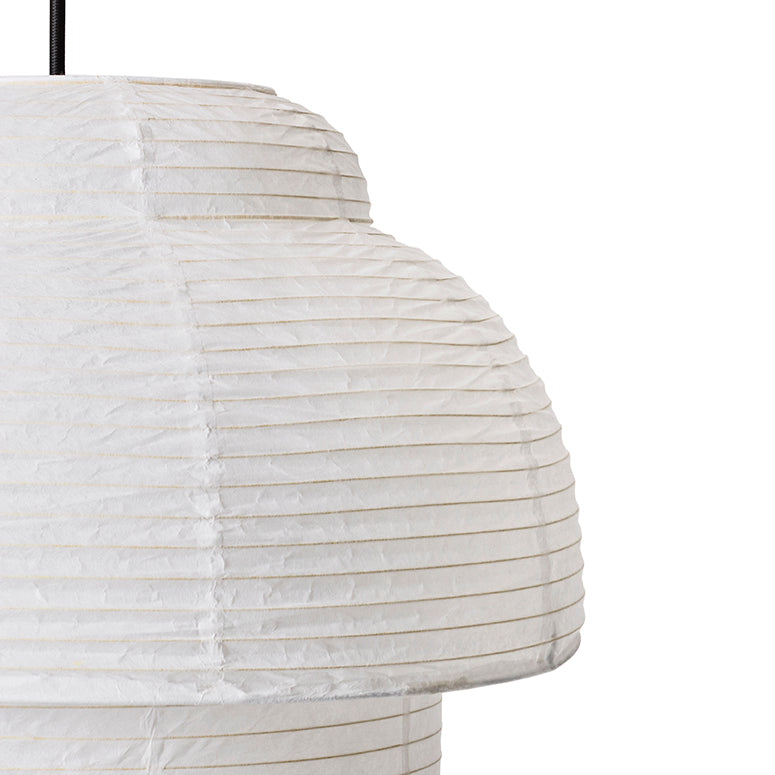 Made by Hand Papier Double Ø40 Pendant Lamp, a sculptural off-white paper lantern crafted from delicate, textured creased paper, featuring a distinctive tiered organic shape with visible horizontal ribs that create a soft, diffused glow. This elegant Japandi pendant lamp is perfect for minimalist living rooms, Scandinavian bedrooms, or contemporary dining spaces seeking organic modern lighting.