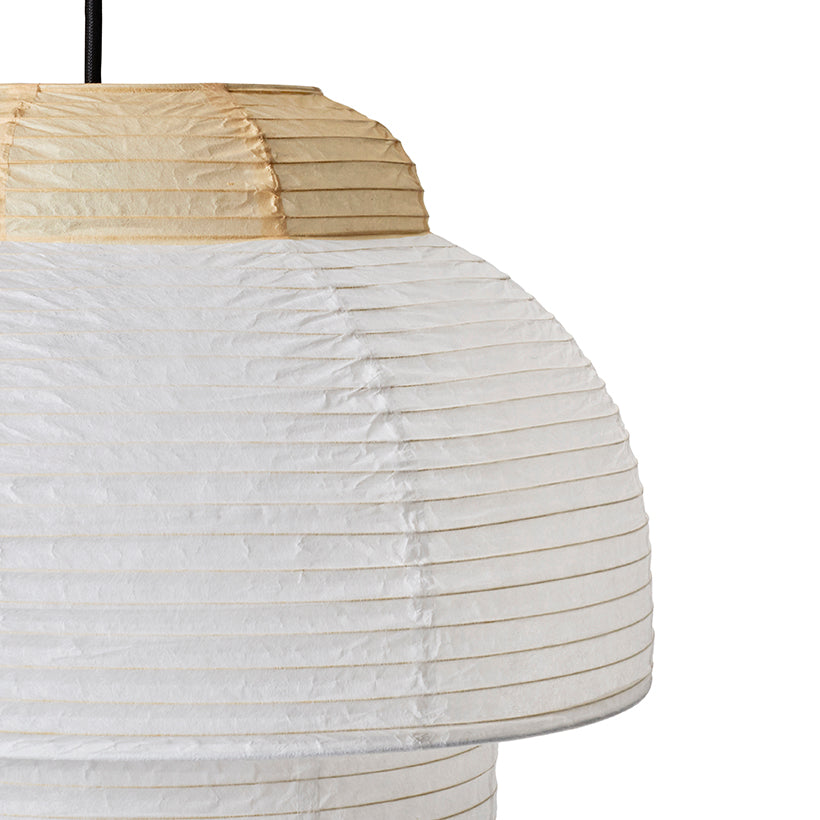 Made by Hand Papier Double Ø40 Pendant Lamp, an organic modern paper lantern featuring a unique double-tiered silhouette crafted from natural, crinkled off-white and cream paper with delicate ribbed textures. This Japandi-inspired minimalist pendant light provides soft, diffused illumination. Ideal as a Scandinavian ceiling light for bedrooms, living rooms, or dining areas.