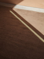 A high-angle close-up shot of a plush, hand-tufted rug in a deep brown color. Sunlight shines across the rug, creating a bright diagonal line and casting a long shadow. The rug sits on a concrete floor next to a wall in a warm, earthy tone.