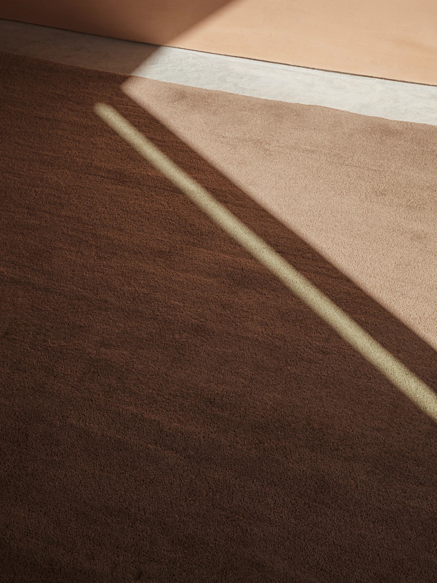 A high-angle close-up shot of a plush, hand-tufted rug in a deep brown color. Sunlight shines across the rug, creating a bright diagonal line and casting a long shadow. The rug sits on a concrete floor next to a wall in a warm, earthy tone.