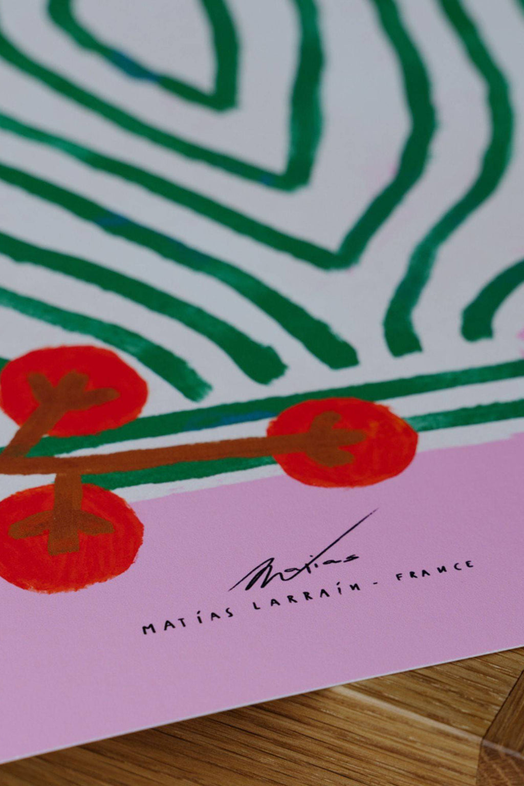 The Poster Club Vase and Currants, a vibrant abstract art print featuring bold green wavy stripes against a crisp white background, complemented by bright red circular shapes resembling currants or berries on brown stems, all resting.