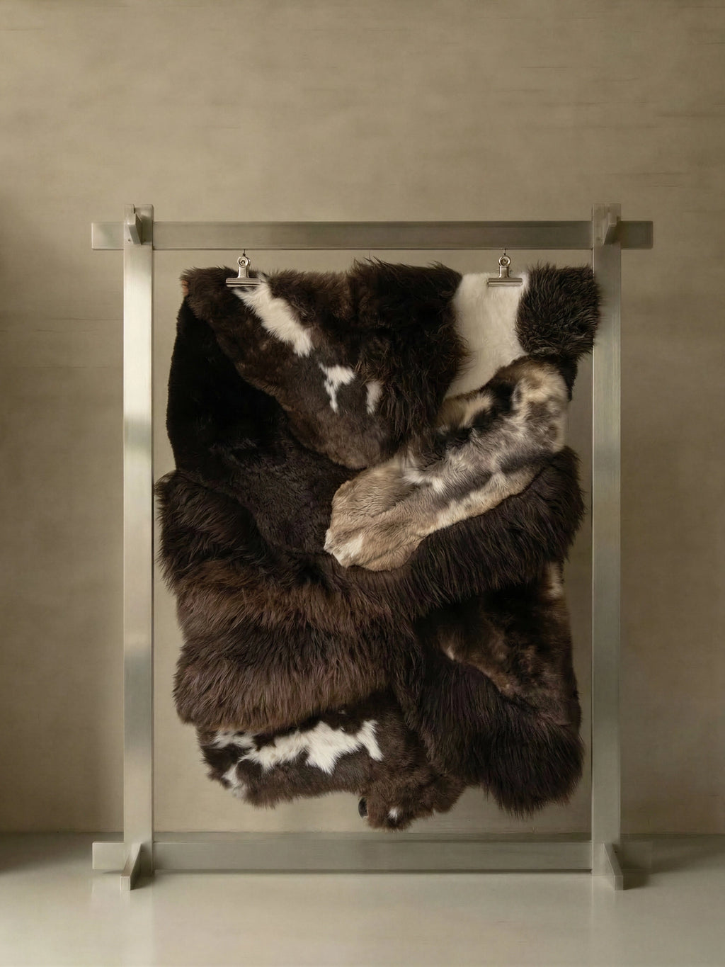TCL Studios Brown Sheepskin Patchwork Rug, a luxurious natural sheepskin rug featuring a rich blend of dark brown, white, and lighter greyish-brown fur patches. This shaggy, soft, genuine sheepskin throw showcases varying fur lengths and natural markings, creating a unique, organic modern aesthetic. Ideal as a cozy accent rug for a rustic living room, a warm bedroom floor covering, or a luxurious throw for Scandinavian or lodge-inspired interiors.