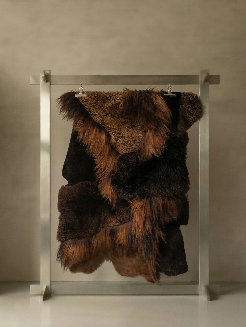 TCL Studios Brown Sheepskin Patchwork Rug, a luxurious genuine sheepskin rug crafted from various shades of rich dark brown, reddish-brown, and lighter tan fur patches. This organic modern area rug features a deep, shaggy pile and a natural, tactile texture. Perfect as a cozy rustic living room rug, a warm bedroom accent, or a stylish sheepskin throw for contemporary spaces.