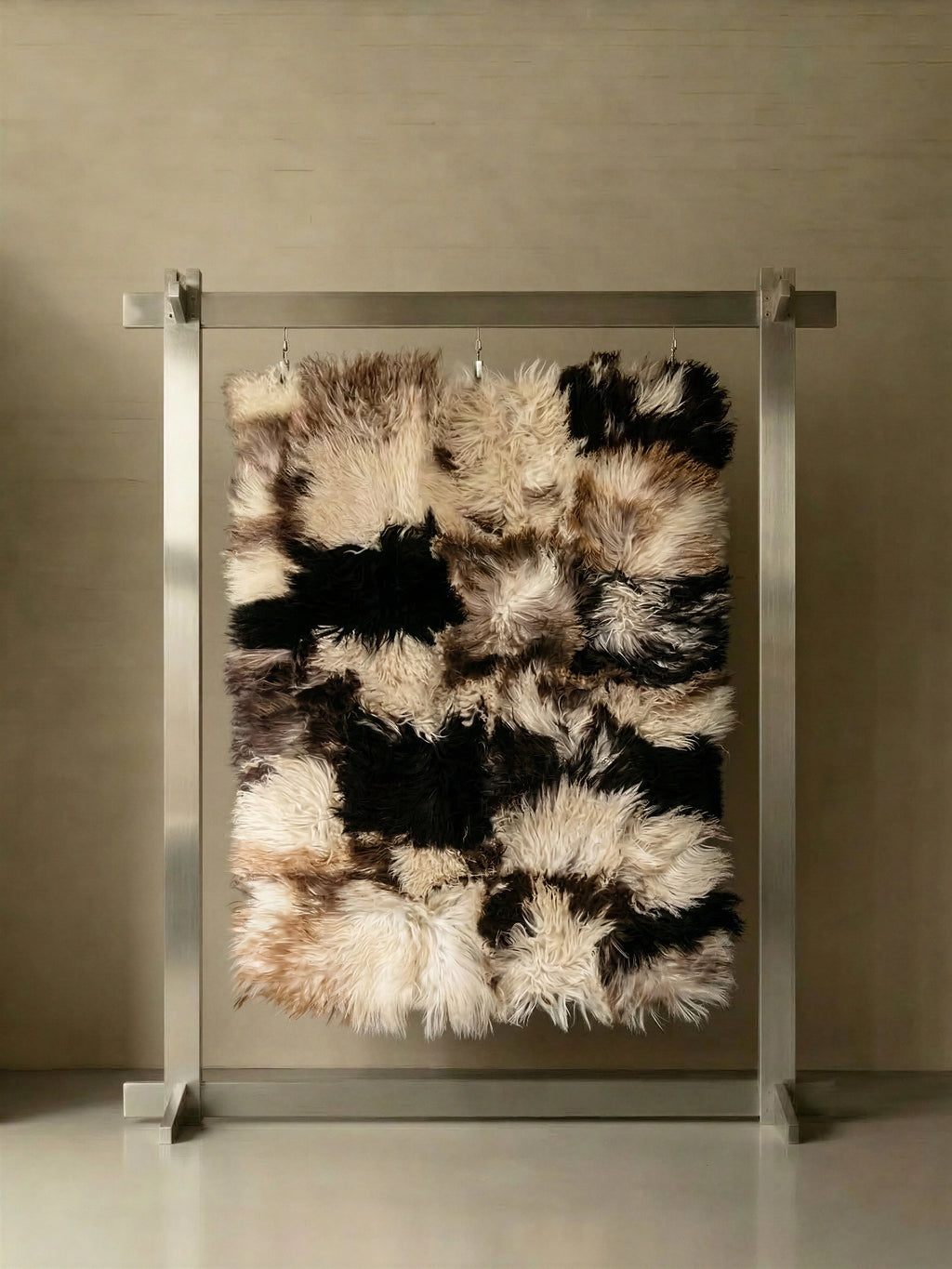 TCL Studios Curly Sheepskin Patchwork Rug, a luxurious shaggy area rug featuring a dynamic patchwork design of natural curly sheepskin in black, cream, and warm brown tones. This plush and textured rug offers an organic modern feel, perfect for adding warmth and boho chic style to a living room, bedroom, or cozy reading nook.