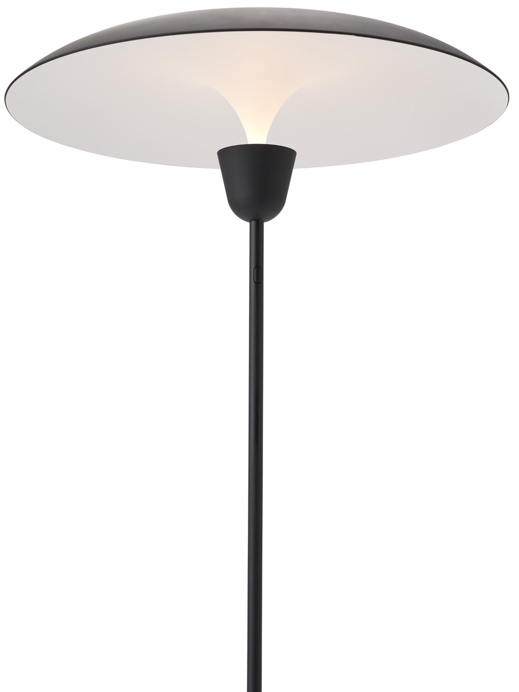 New Works Kantarell Floor Lamp, a striking modern minimalist floor lamp featuring a slim matte black metal stem and a wide, flat, mushroom-shaped shade with a white light diffuser. This contemporary standing lamp provides soft, diffused ambient light, embodying Scandinavian design with its clean lines and organic profile. Perfect as a designer floor lamp for living rooms, bedrooms, or modern minimalist interiors seeking sophisticated accent lighting.