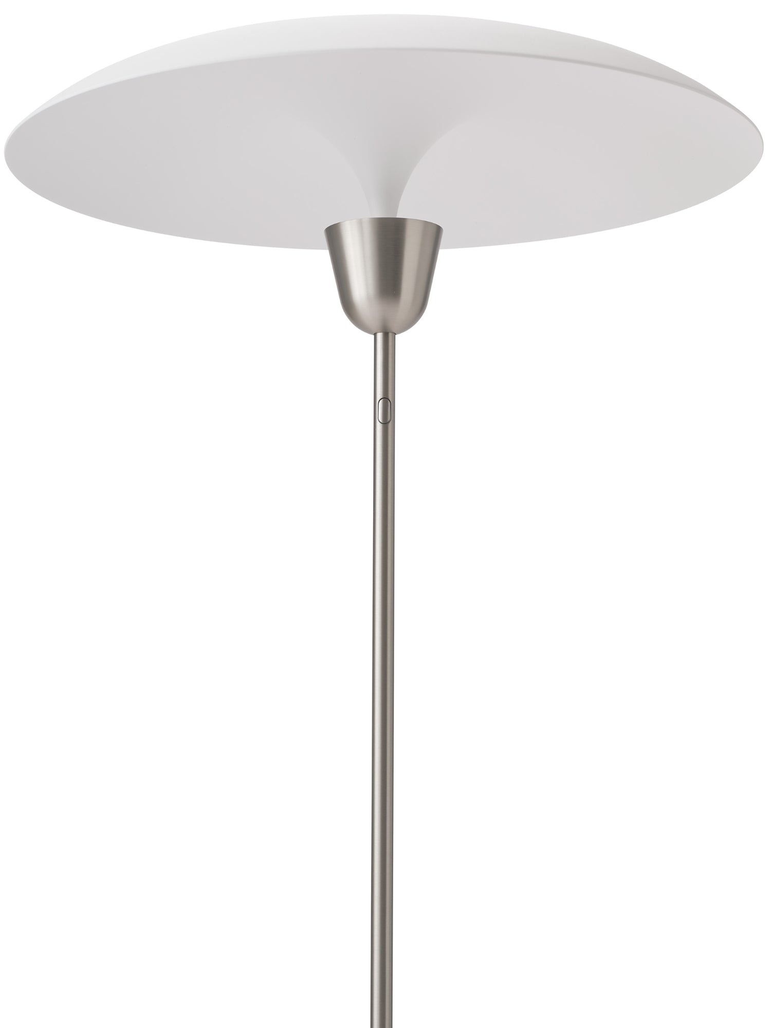 New Works Kantarell Floor Lamp, a modern minimalist floor lamp featuring a wide, flat white acrylic shade with an organic, mushroom-like silhouette, supported by a slender brushed metal stem. This Scandinavian-inspired design offers soft ambient lighting for contemporary spaces. Perfect for living room accent lighting or a stylish reading lamp in a bedroom.