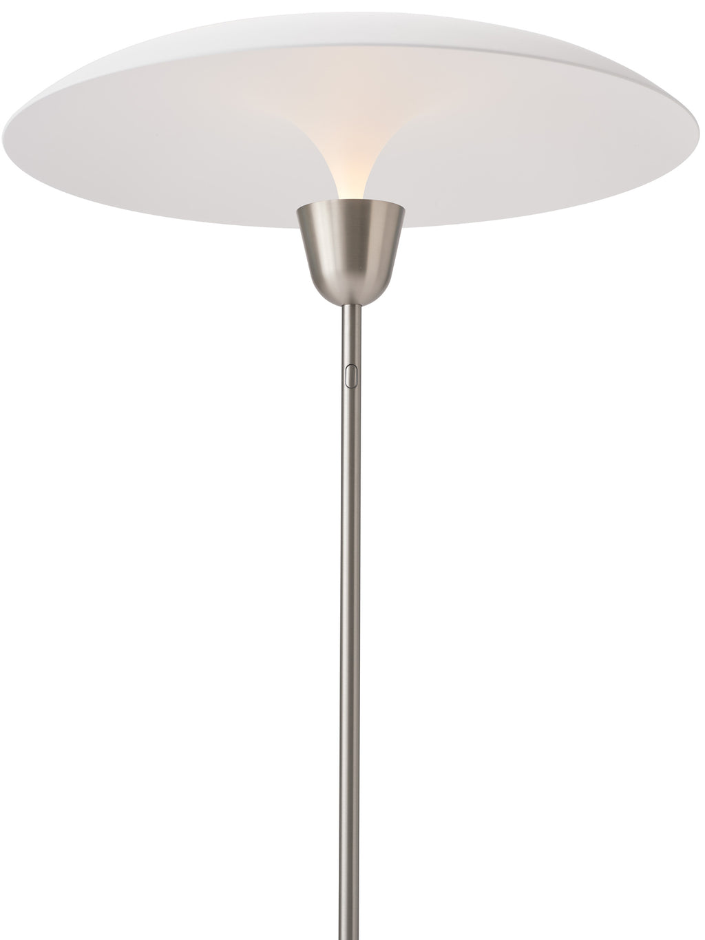 New Works Kantarell Floor Lamp, a modern minimalist uplighter featuring a wide, disc-shaped white opal diffuser shade that emits soft, indirect light, supported by a slender brushed steel stem and.