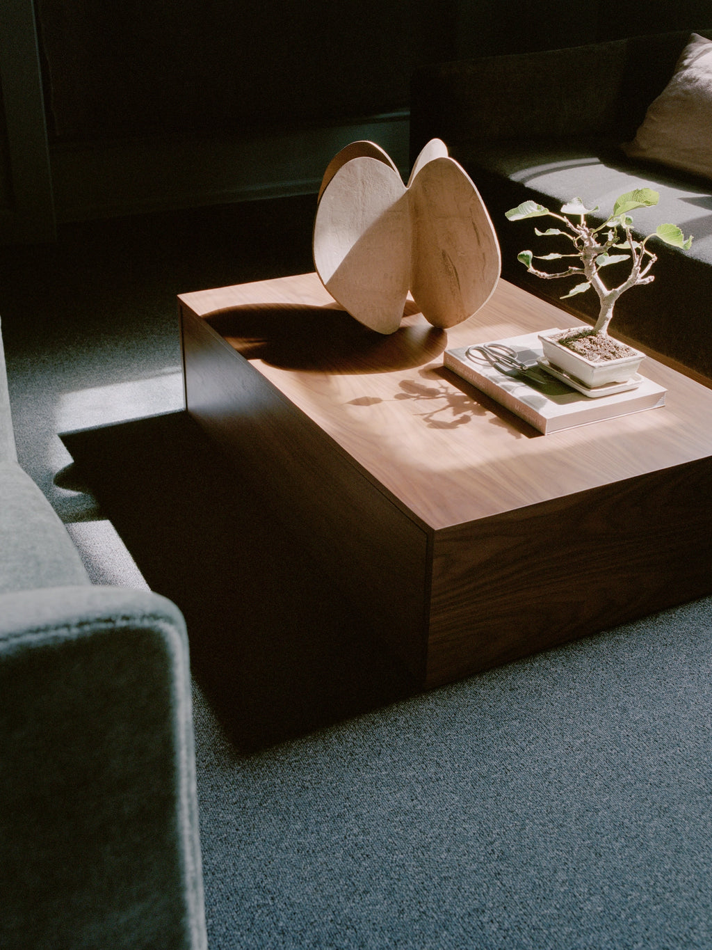 New Works Mass Coffee Table w. Drawer, a modern minimalist rectangular coffee table crafted from rich dark walnut wood with clean, sharp lines and a substantial block design. Its smooth, dark brown surface showcases subtle wood grain, offering both a sophisticated aesthetic and practical storage with an integrated drawer. This contemporary dark wood coffee table is ideal for a stylish living room centerpiece in organic modern or Scandinavian interiors.