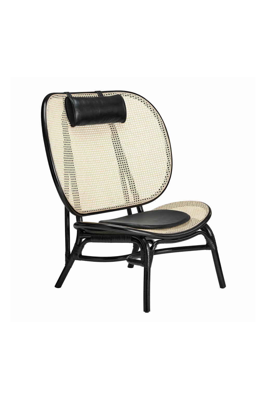 NORR11 Nomad Chair, a modern lounge chair with a sleek black rattan frame and contrasting natural cane weaving on the back and seat, featuring a sophisticated black leather headrest and seat pad, on a white background.