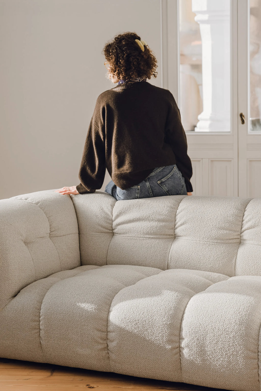noo.ma Bolbi Sofa 2-seater, a light beige modular 2-seater sofa upholstered in a soft, textured bouclé-like fabric with deep, plush seating and a distinctive.