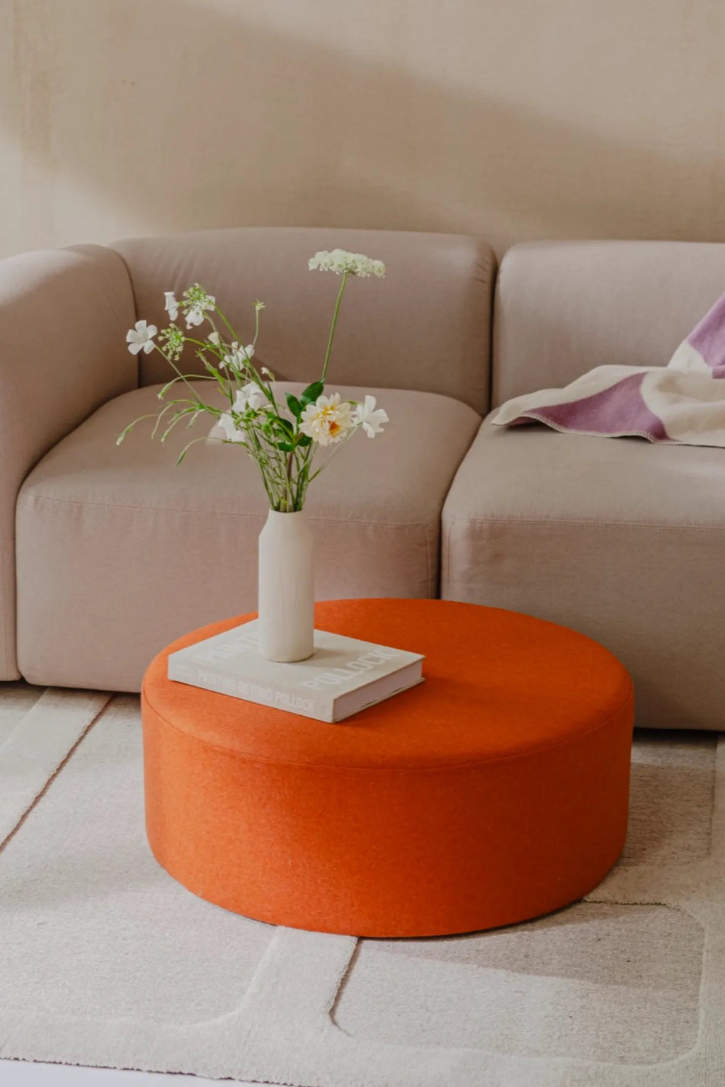 Handcrafted wide Folk Pouf in neutral tones, perfect for cozy, rustic home decor