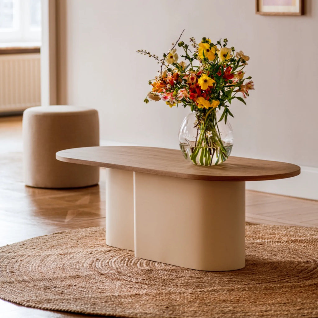 Modern rectangular Looi Coffee Table in dark wood finish with silver accents