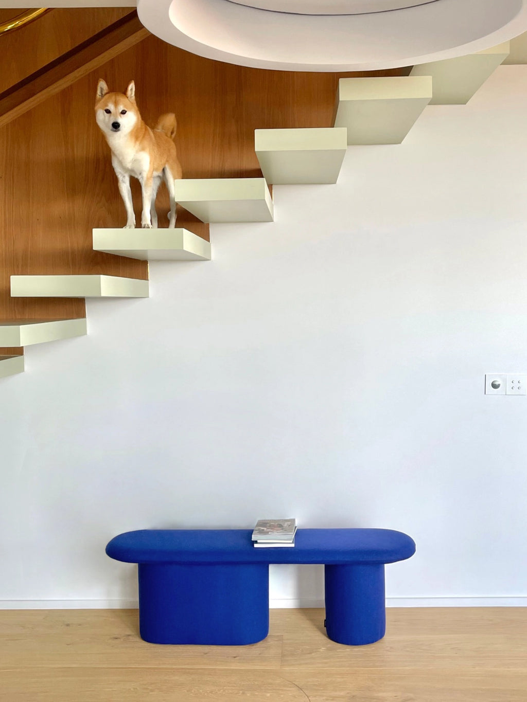 noo.ma Rull Bench, a vibrant cobalt blue upholstered bench featuring a soft, pill-shaped top and two thick, rounded cylindrical legs, embodying an organic modern design. This contemporary fabric bench offers sculptural, minimalist seating perfect for an entryway, living room, or as a bedroom accent.