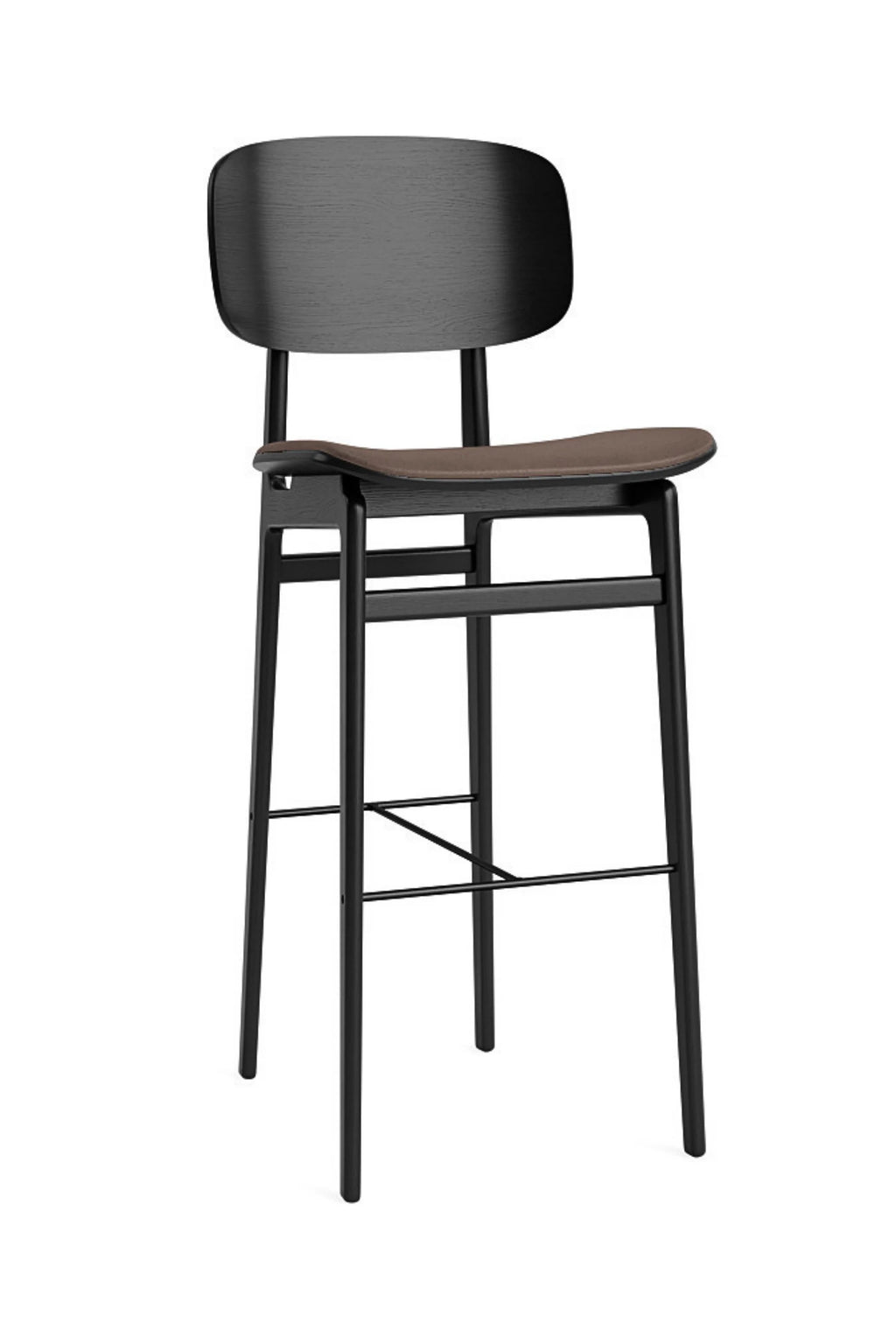 NORR11 NY11 Bar Chair in sleek black stained oak wood, showcasing a dark, uniform finish. This modern bar stool features a curved backrest and a dark brown leather upholstered seat, displayed on a clean white background, offering a sophisticated look.