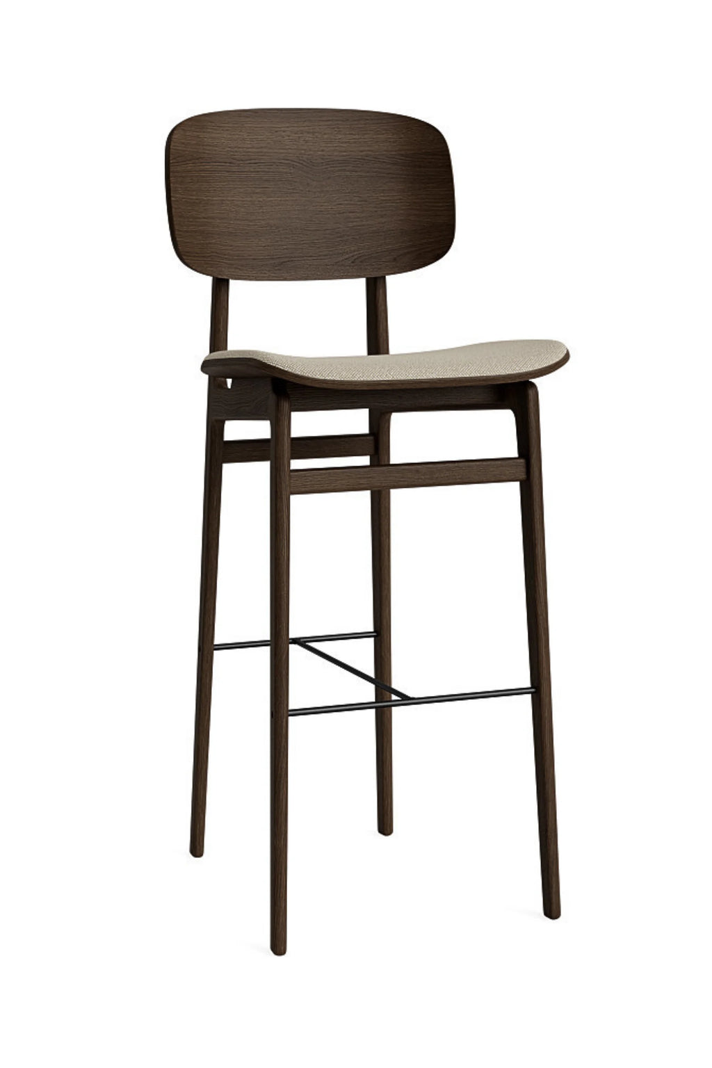 NORR11 NY11 Bar Chair in dark brown stained oak with a sleek, curved backrest and a light beige upholstered seat, featuring elegant minimalist design and sturdy footrest, displayed on a crisp white background.