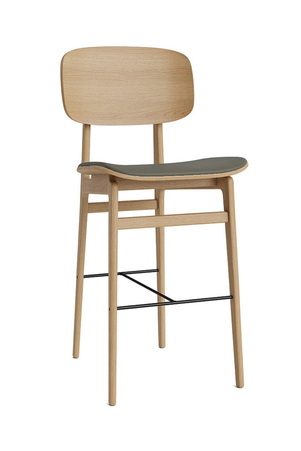 NORR11 NY11 Counter Chair, a tall, modern counter-height chair with a light natural oak frame, a dark grey upholstered seat, and black metal footrests, displayed on a white background.