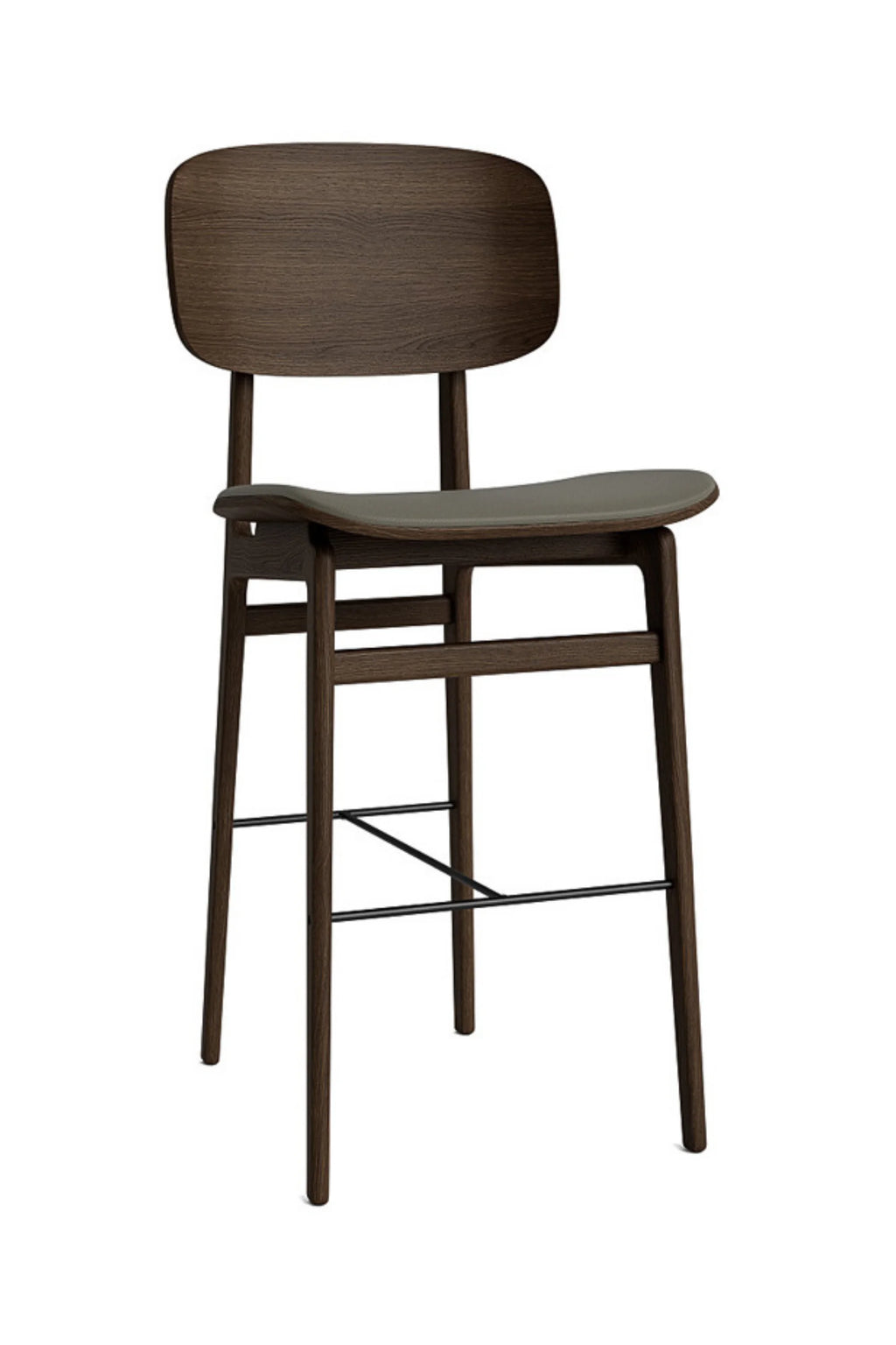 NORR11 NY11 Counter Chair in dark stained oak wood with a dark gray upholstered seat, highlighting its rich wood grain and comfortable design, with black metal footrests, displayed on a white background. A premium, sophisticated chair.
