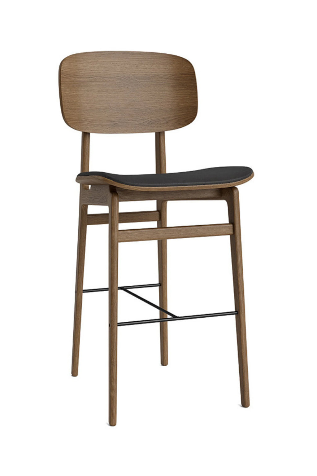 NORR11 NY11 Counter Chair, crafted from elegant light oak wood with a visible grain, a comfortable curved back, and a sleek black upholstered seat, providing a modern look on a white background.
