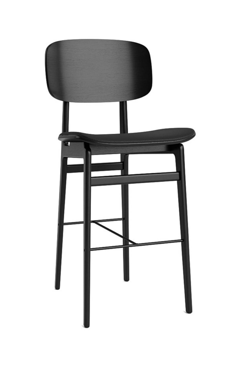 NORR11 NY11 Counter Chair in elegant black stained oak wood with a smooth black leather seat, offering a sophisticated and comfortable seating experience, displayed on a clean white background.
