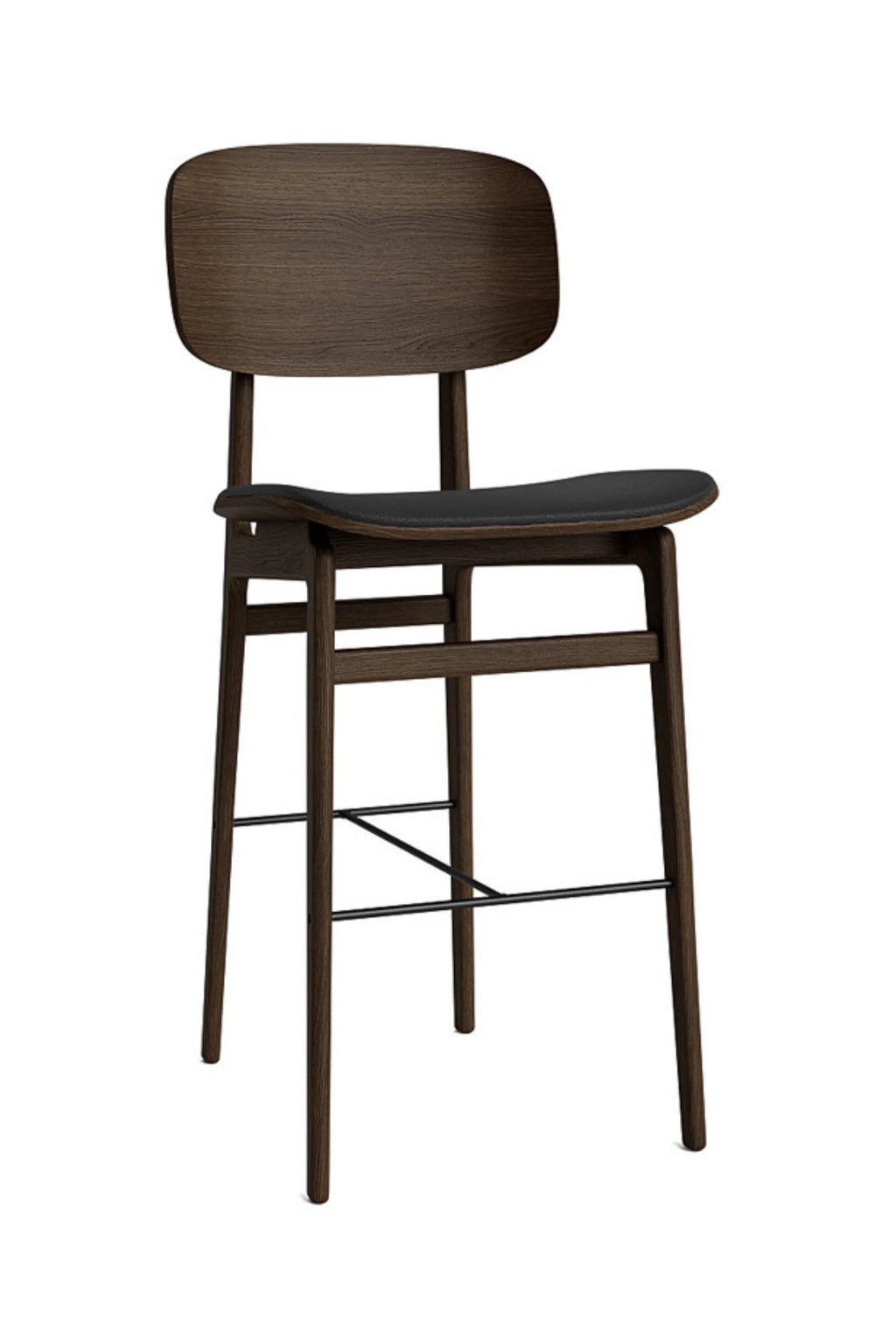 NORR11 NY11 Counter Chair in dark smoked oak wood with a luxurious black leather seat, featuring a curved backrest and sturdy frame, displayed on a clean white background.