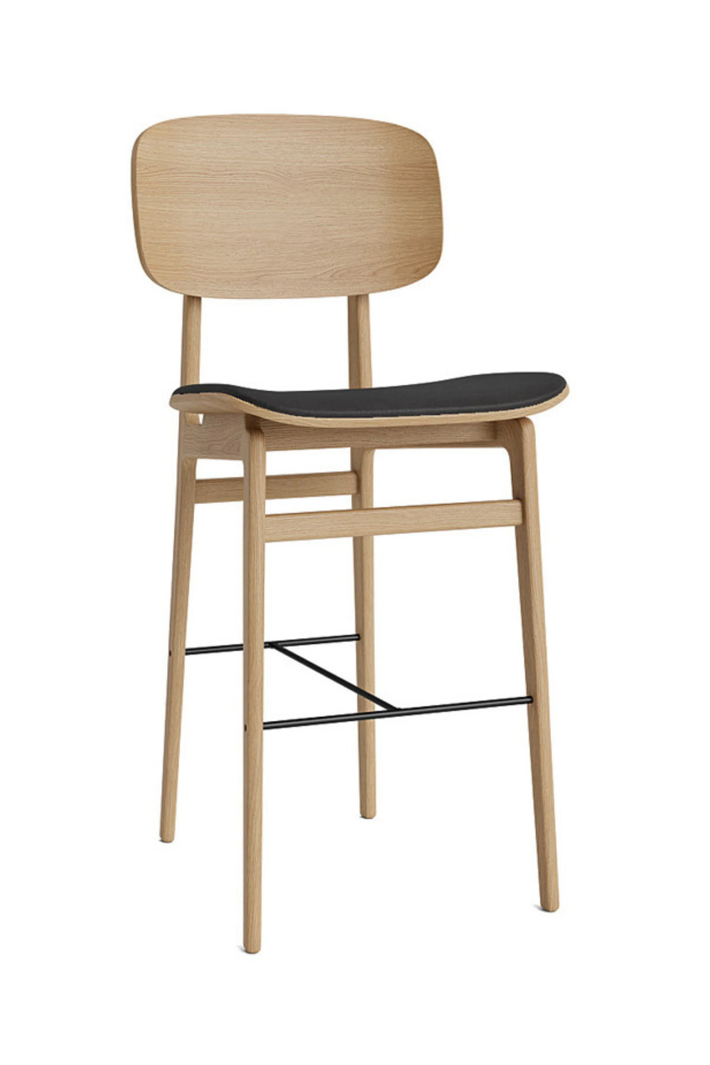 NORR11 NY11 Counter Chair in natural oak wood with a sleek black leather seat, featuring a minimalist Scandinavian design and sturdy footrest, displayed on a clean white background.
