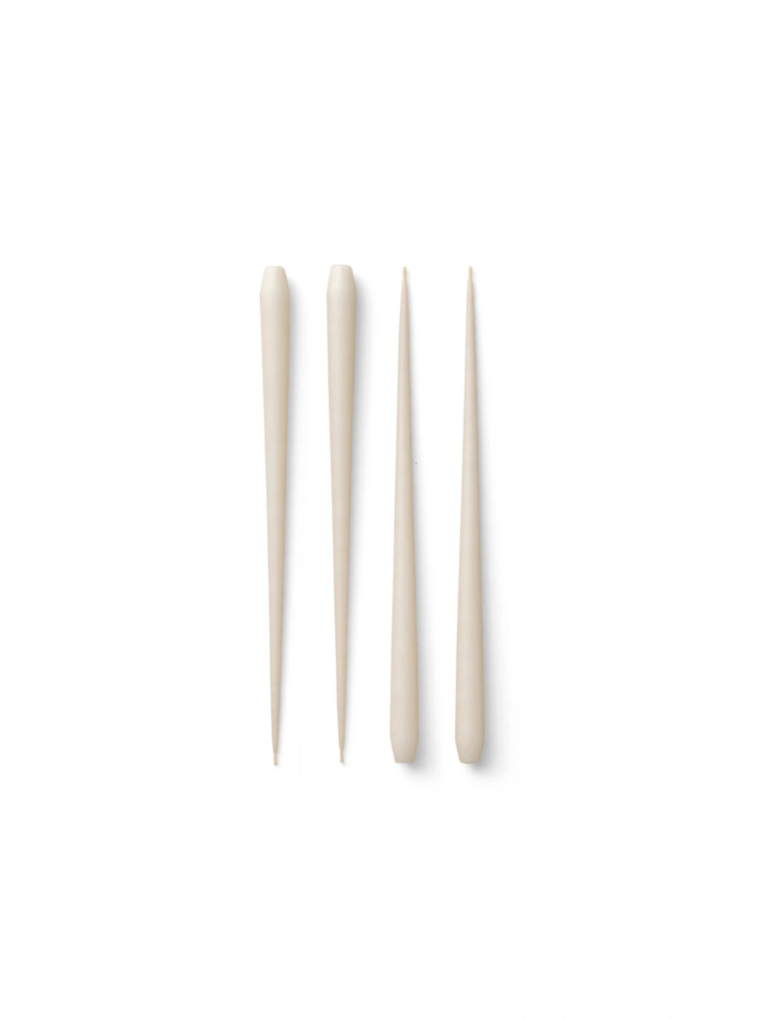 Set of 4 long-lasting and dripless handcrafted tall large taper candles in off white. Made of high-quality pure parafin wax for ambient lighting