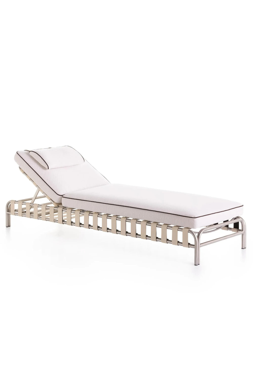 Gandia Blasco Onsen Chaise Lounge, a sleek modern outdoor chaise lounge featuring a durable brushed stainless steel frame with a supportive grid of light beige woven straps. It includes a plush white outdoor cushion with elegant dark brown piping and an adjustable backrest for ultimate comfort. Ideal as a contemporary sunbed for pool areas, luxury patios, or resort-style deck furniture.