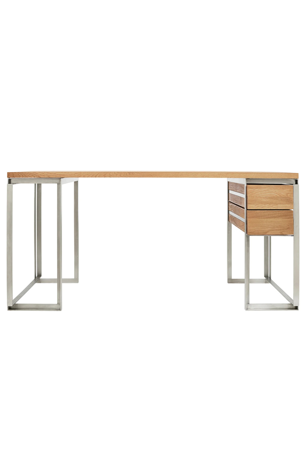 Kristina Dam Outline Desk, a modern minimalist desk featuring a natural light solid oak desktop and two integrated drawers, supported by a sleek, rectangular brushed stainless steel frame and legs. This contemporary Scandinavian design offers clean lines and functional storage. Ideal as a stylish home office desk or for a minimalist study space.