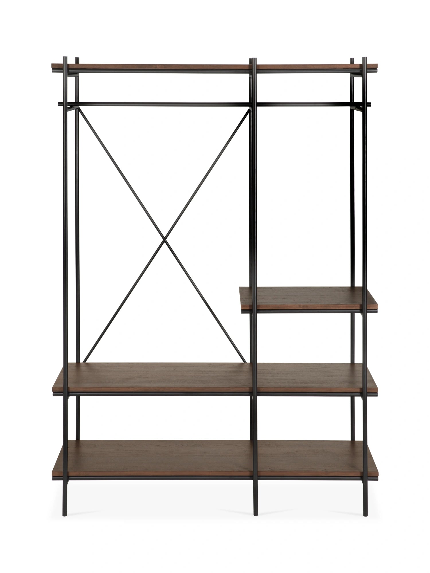 Ethnicraft Oscar Hanging Rack, a contemporary varnished teak and black metal wardrobe system with open shelving and hanging rails, providing elegant storage, on white.