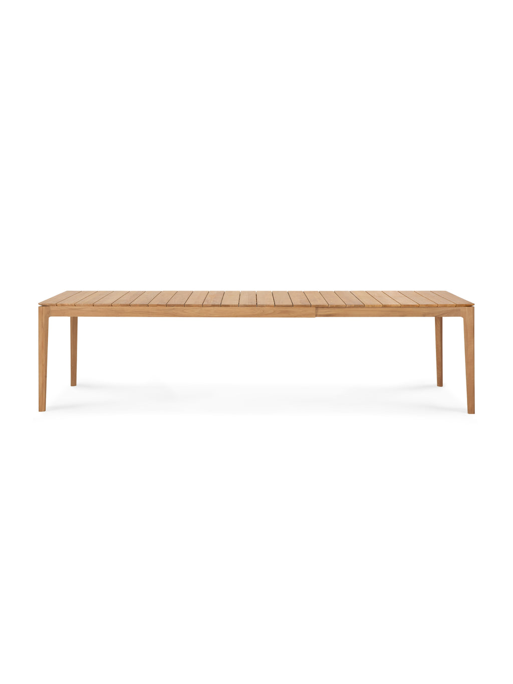 Ethnicraft Bok Outdoor Extendable Dining Table, made from high-quality solid teak wood, featuring a rectangular slatted top and elegant, sturdy legs, displayed in its extended configuration on a white background. Ideal for larger gatherings.