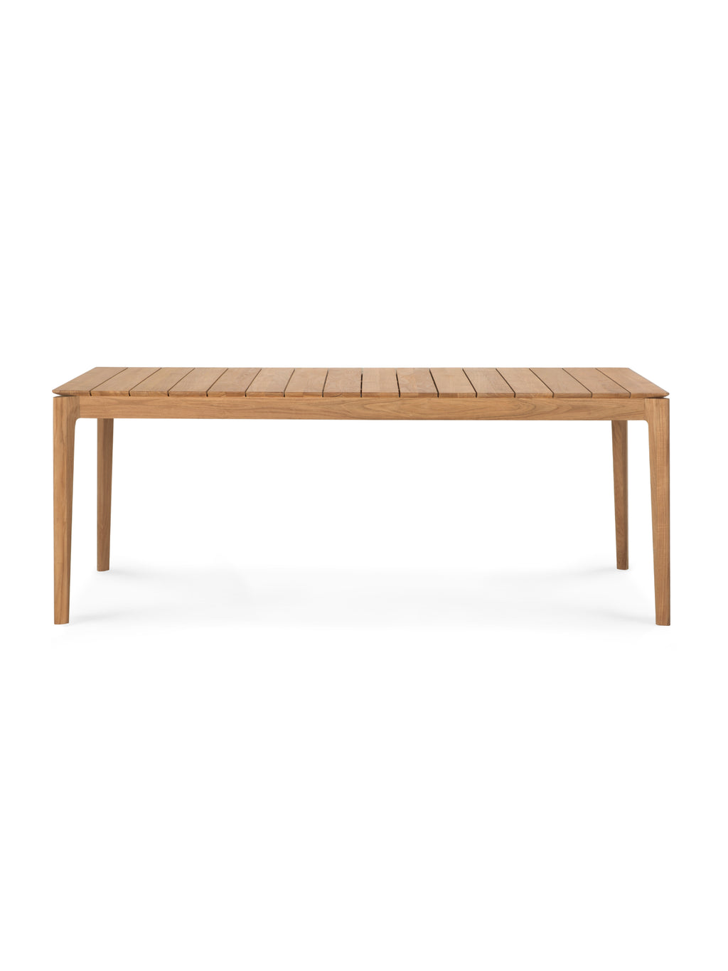 Ethnicraft Bok Outdoor Extendable Dining Table, crafted from premium solid teak wood with a slatted rectangular top and sleek, tapered legs, shown in its compact form on a white background. An elegant and versatile outdoor furniture piece.
