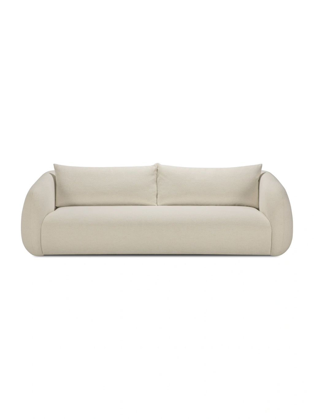Ethnicraft Figur Sofa, a contemporary low profile sofa upholstered in a creamy, textured fabric with soft, organic rounded arms and a plush, inviting silhouette. This minimalist two-seater couch features deep seating and loose back cushions, perfect for modern living rooms or Japandi-inspired lounge spaces.