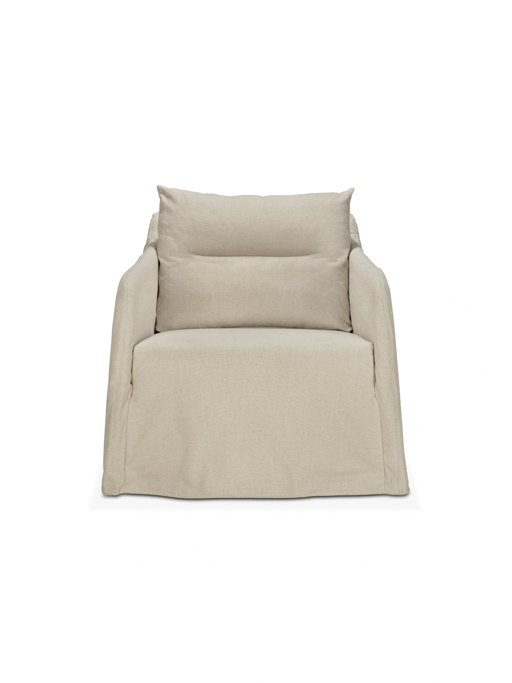 Ethnicraft Weave Lounge Chair, a generous light beige organic modern lounge chair featuring a textured natural linen-blend fabric slipcover with a relaxed silhouette, deep seat, and wide arms. Perfect as a comfortable accent chair for contemporary living rooms or cozy reading nooks.